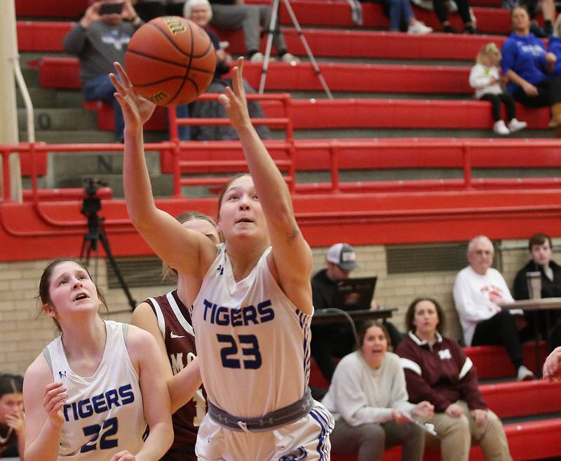 Princeton's Miyah Fox grabs a rebound against Morris during the Lady Pirate Holiday Tournament on Wednesday, Dec. 20, 2023 in Kingman Gym.