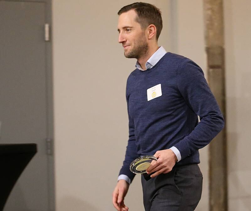 Dan Eiten, Commercial Loan Officer, LaSalle State Bank accepts his award during the Illinois Valley Chamber of Commerce 40 Under Forty Awards Gala on Thursday, Feb. 9, 2023 at Westclox in Peru.