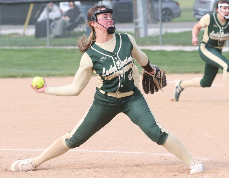 St. Bede pitcher Ella Hermes fires a pitch to Marquette on Monday, April 22, 2024 at St. Bede Academy.