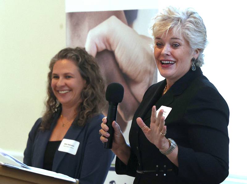 Darby Dwyer, from Green Closet Creative, speaks after her company received the Spirit of Small Business award during the Sycamore Chamber of Commerce Annual Meeting Thursday, March 6, 2025, at St. Mary's Catholic Church in Sycamore.