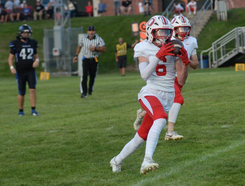 Oregon's Landon Ziller (6) catches a pass for a gain during a practice game with Eastland-Pearl City on Friday, Aug. 22, 2025 at Lanark. The Hawks open the 2025 season at Genoa-Kingston on Friday, Aug. 29 while EPC hosts Fulton.