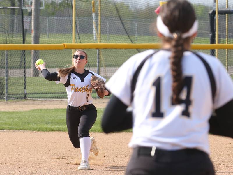 Putnam County's Gabby Doyle throws to first baseman Maggie Richetta to force out a run on Tuesday, April 25, 2023 at Putnam County High School.