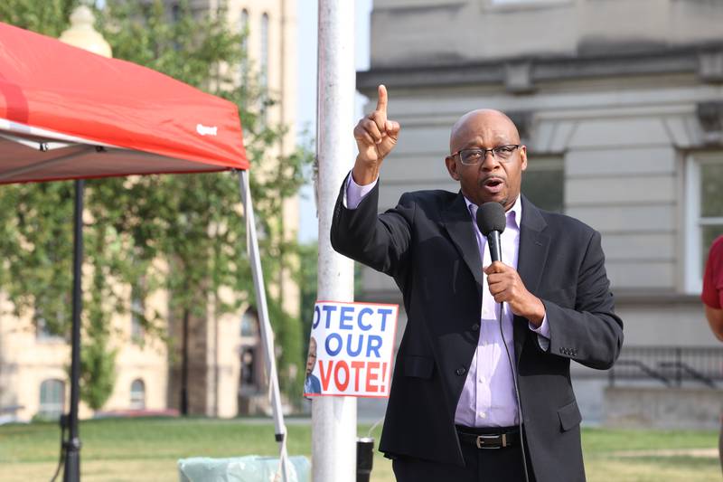 State Rep. Will Davis, D-Homewood speaks during a "Good Trouble Lives On" rally held in Kankakee as part of a national day of peaceful protests on Thursday, July 17, 2025.