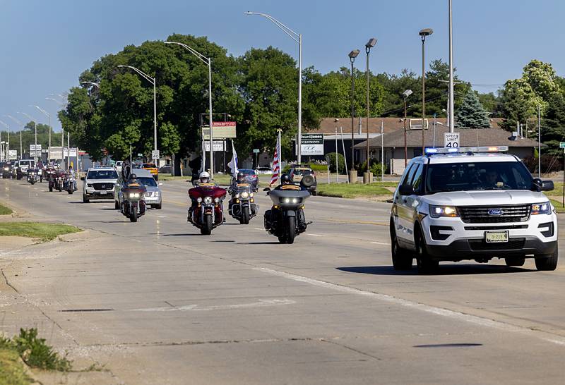 The state police, Patriot Guard and Rolling Thunder riders escort the remains of Richard Seloover into Rock Falls Thursday, May 30, 2024. Seloover was killed in action in 1950 in Korea. His remains, which have been interred in Hawaii, were finally identified and brought home.