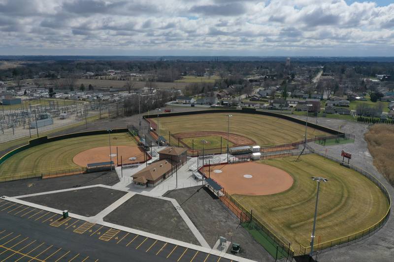 An aerial view of the baseball and softball fields at La Salle-Peru Township High School Athletic Complex on Wednesday, March 6, 2024 in La Salle.  In March of 2023,  L-P announced a $9.5 million addition/renovation to its sports complex. The project included an addition of a baseball field, two softball fields and four tennis courts; the installation of artificial turf on the soccer field; the expansion of parking; the addition of restrooms in the soccer building; and construction near the baseball/softball fields that will include a concession stand, press box and restrooms.