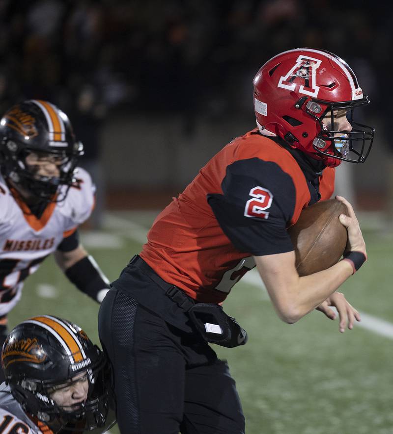 Amboy’s Eddie Jones picks up yards against Milledgeville Friday, Nov. 22, 2024, during the 8-man football championship in Monmouth.