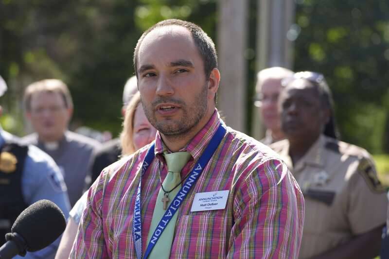 Annunciation Catholic School Principal Matt DeBoer speaks outside the Minneapolis school following a shooting there Aug. 27, 2025.