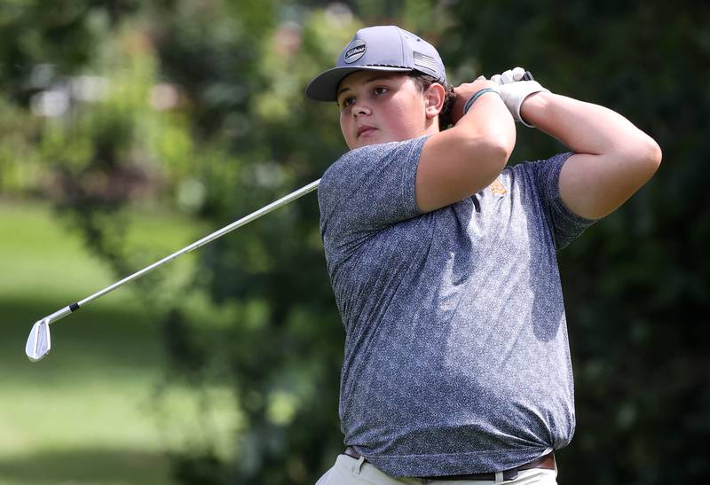 DeKalb’s Graham Olson tees off Monday, Aug. 25, 2025, during the Mark Rolfing Cup at the Kishwaukee Country Club in DeKalb.