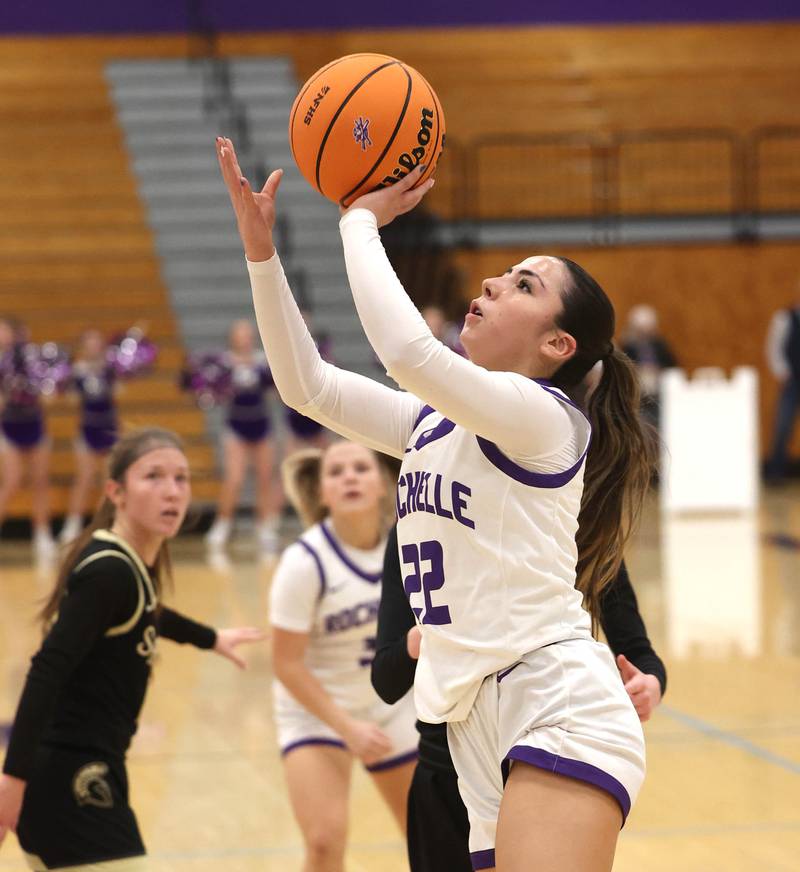 Rochelle's Gianna Olguin shoots a layup against Sycamore Friday, Dec. 5, 2025, during their game at Rochelle High School.