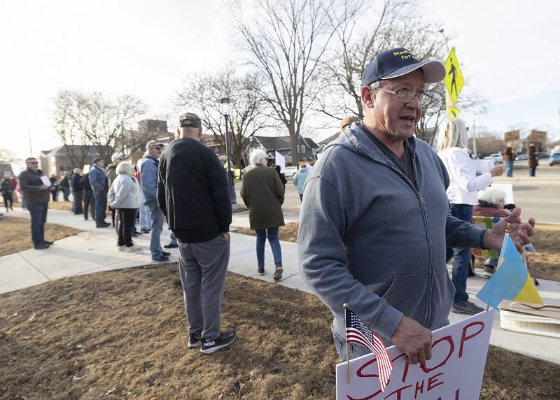 Fidencio Hooper-Campos speaks about what moved him to participate in the Tuesday, Feb. 25, 2025, Action for a Better Tomorrow protest in Sterling.