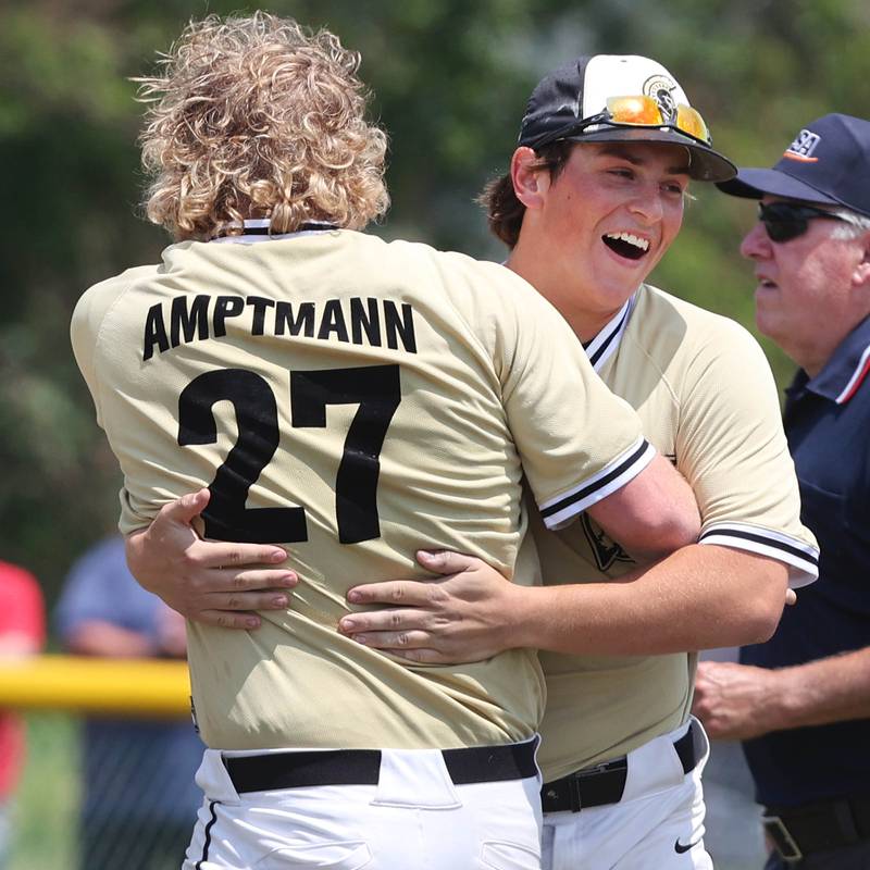 Sycamore's Jimmy Amptmann and Owen Piazza celebrate their Class 3A sectional final win over Burlington Central Saturday, June 3, 2023, at Kaneland High School in Maple Park.