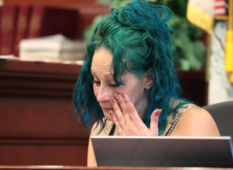 Ericka Sasso, mother of Gracie Sasso-Cleveland who was murdered by Timothy Doll in 2023, makes her victims impact statement Thursday, Aug. 14, 2025, during Doll’s sentencing hearing at the DeKalb County Courthouse in Sycamore. Doll was sentenced to 52 years in prison.