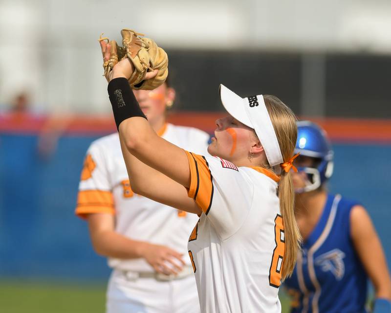 Wheaton Warrenville South's Nelia Kirichun (8) catches the ball for an out during the sectional semifinal game while taking on Wheaton North on Thursday June 5, 2025, held at Oswego High School.