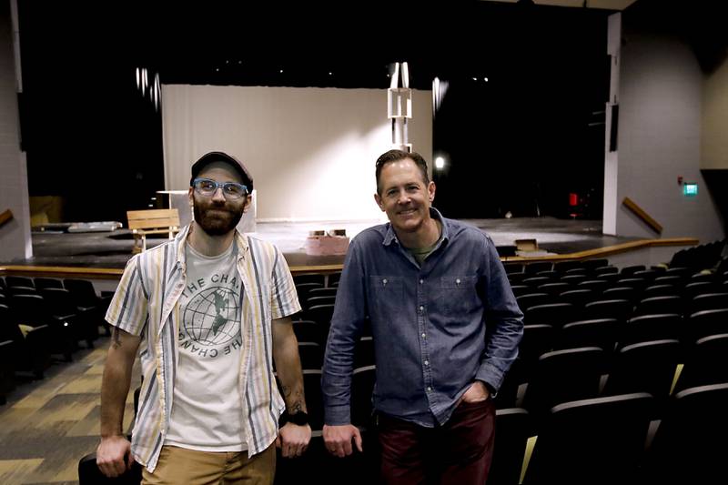 Crystal Lake High School teachers Daniel Mitchell and Ben Stoner on Thursday, April 17, 2025, in the theater at the school.