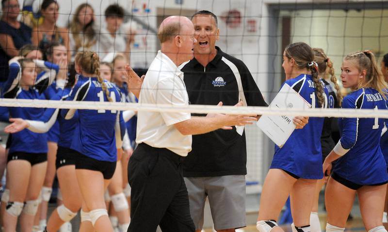 Newark head coach P.J. McKinney argues a call with the referee that ended the second game with a loss to Aurora Christian during a girls' volleyball match at Newark High School on Tuesday, Sep. 5, 2023.