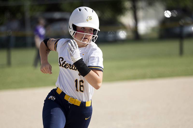 Sterling’s Breanna Taylor rounds third to score against Rochelle Tuesday, May 27, 2025, during a Class 3A Regional softball game in Dixon.