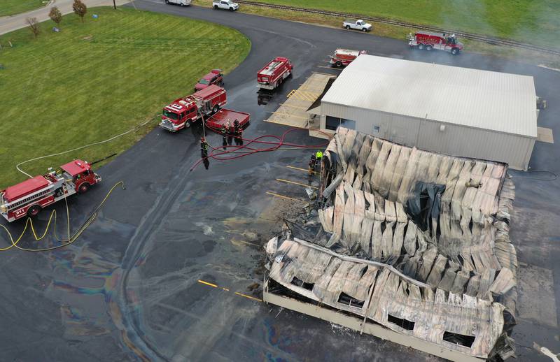 An aerial view of a fire at Conroy's Automotive and 24 Hour Towing building on Wednesday, Nov. 6, 2024 in Ottawa. Fire departments from Wallace, Grand Ridge, Senera, Seneca, Utica and Peru all responded to the blaze.