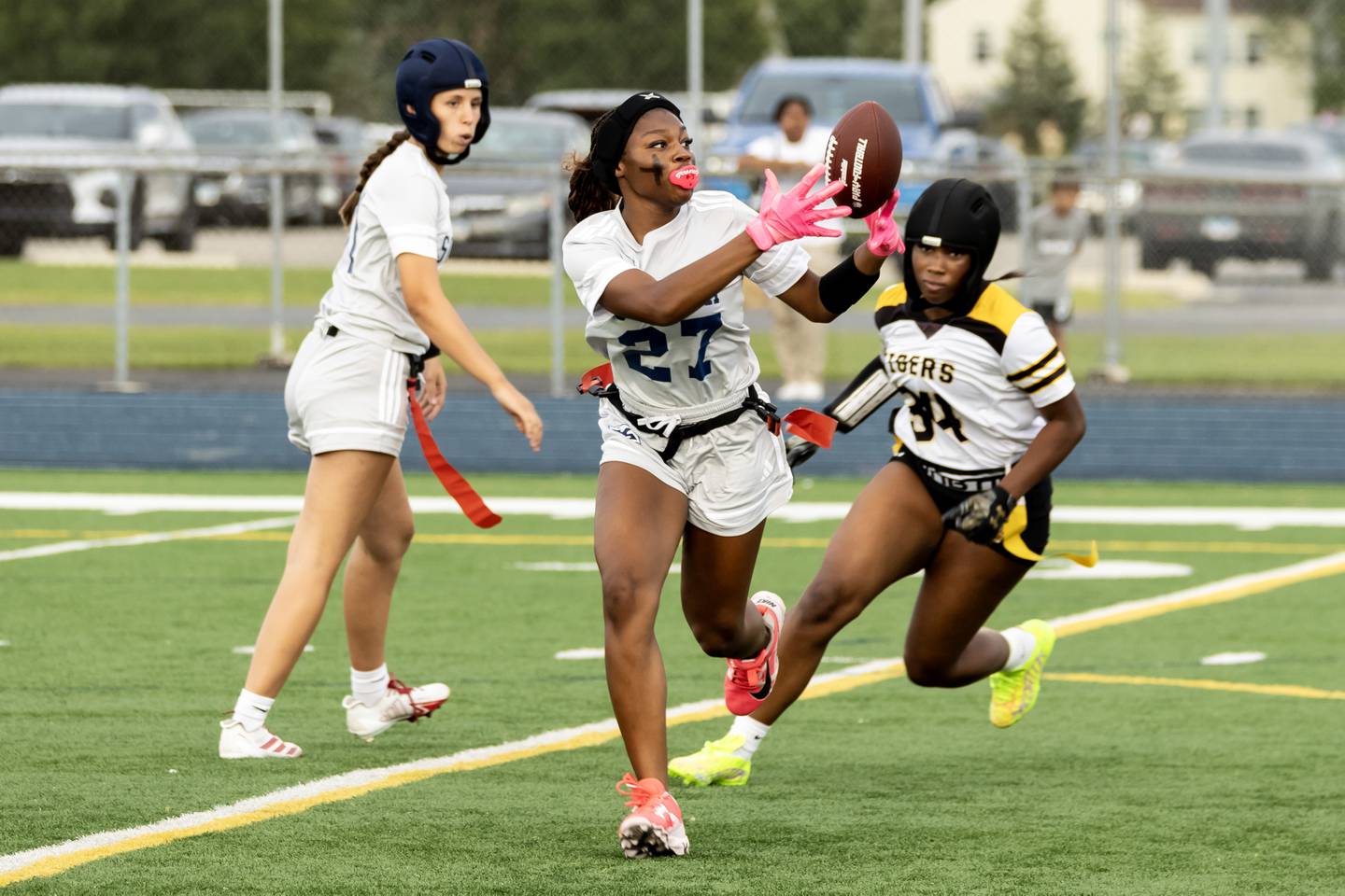 Plainfield South’s Kimoree Patrick makes a play during a home game against Joliet West on Aug. 27, 2025.
