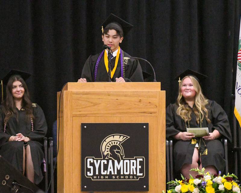 Sycamore’s valedictorian Justin Wu speaks during the graduation ceremony on Sunday May 24, 2026, held at the Sycamore High School fieldhouse.