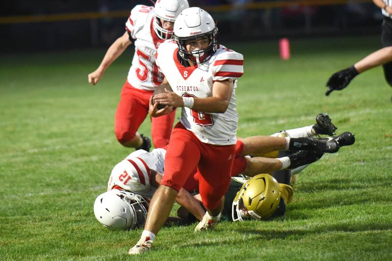 Streator's Jared Clark runs the ball during a Week 0 scrimmage at Bishop McNamara Friday, Aug. 22, 2025.