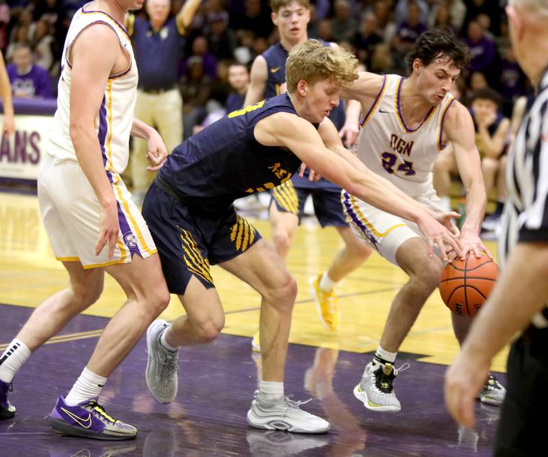 Neuqua Valley’s Joe Balgro and Downers Grove North’s Aidan Akkawi go after a loose ball during the Class 4A Downers Grove North Regional final on Friday, Feb. 23, 2024.