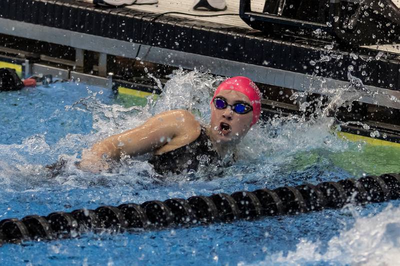 Plainfield’s Roselie Carr competes in the 200 Yard Freestyle Relay during the IHSA Girls State Swimming Preliminaries at FMC Natatorium in Westmont on Nov. 14, 2025.