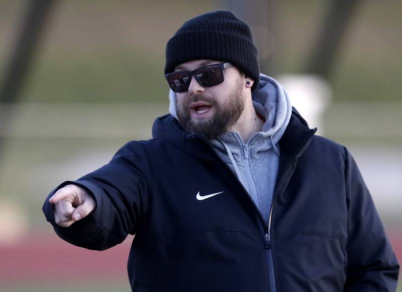 Huntley Head Coach Matthew Lewandowski yells at his players during a Fox Valley Conference  soccer match against Crystal Lake Central on Tuesday, April 15, 2025, at Huntley High School.