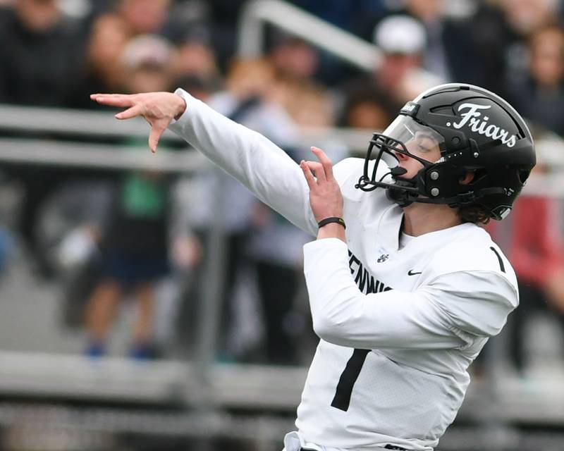 Fenwick's Frankie Hosty (1) throws for a passing play during the second week of the class 7A game on Saturday Nov. 9, 2024, while traveling to take on Downers Grove North.
