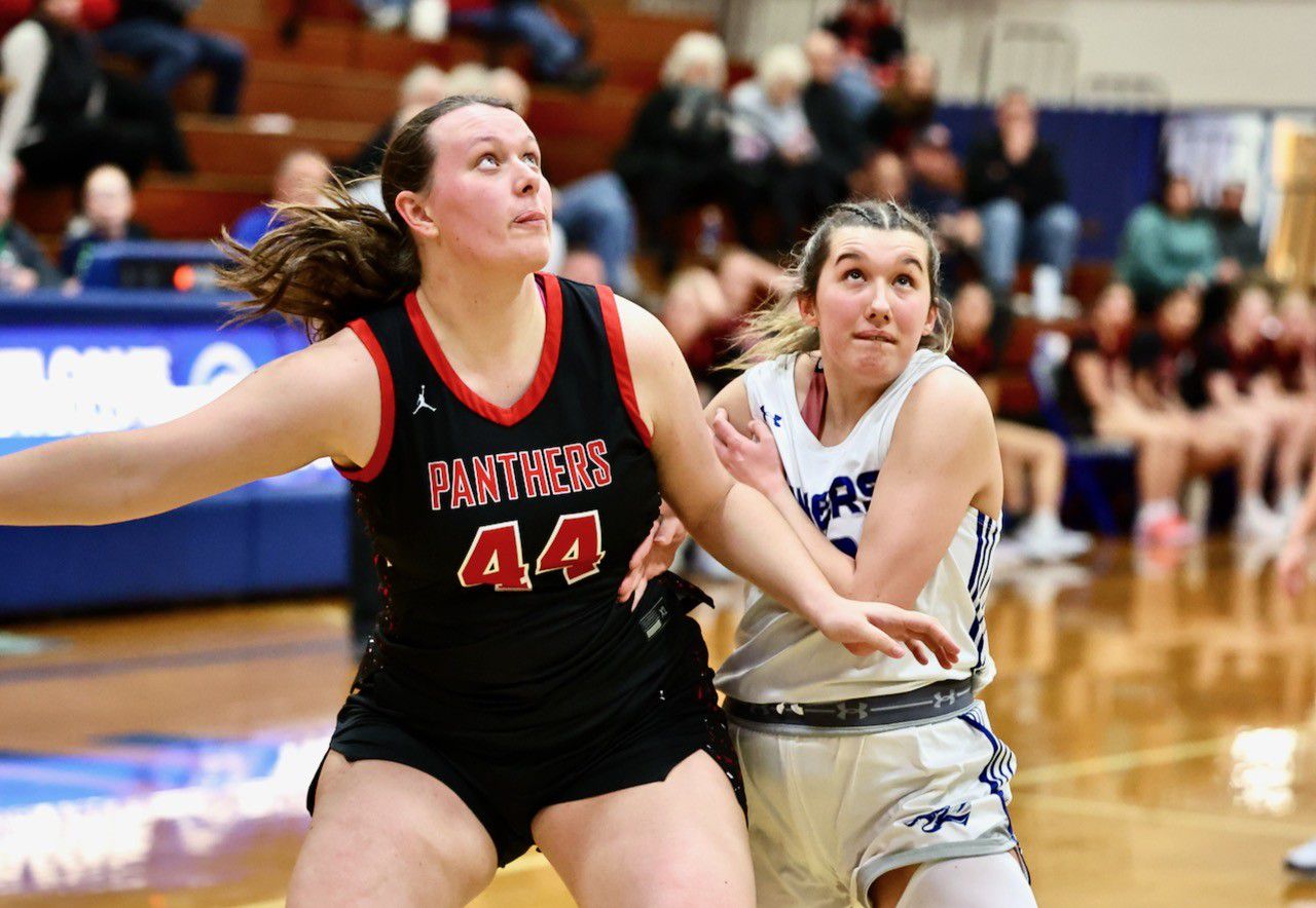E-P's Ayden Klendworth battles Princeton freshman Krishlyn Lanham for position Tuesday night at Prouty Gym. The visiting Panthers won 51-40.