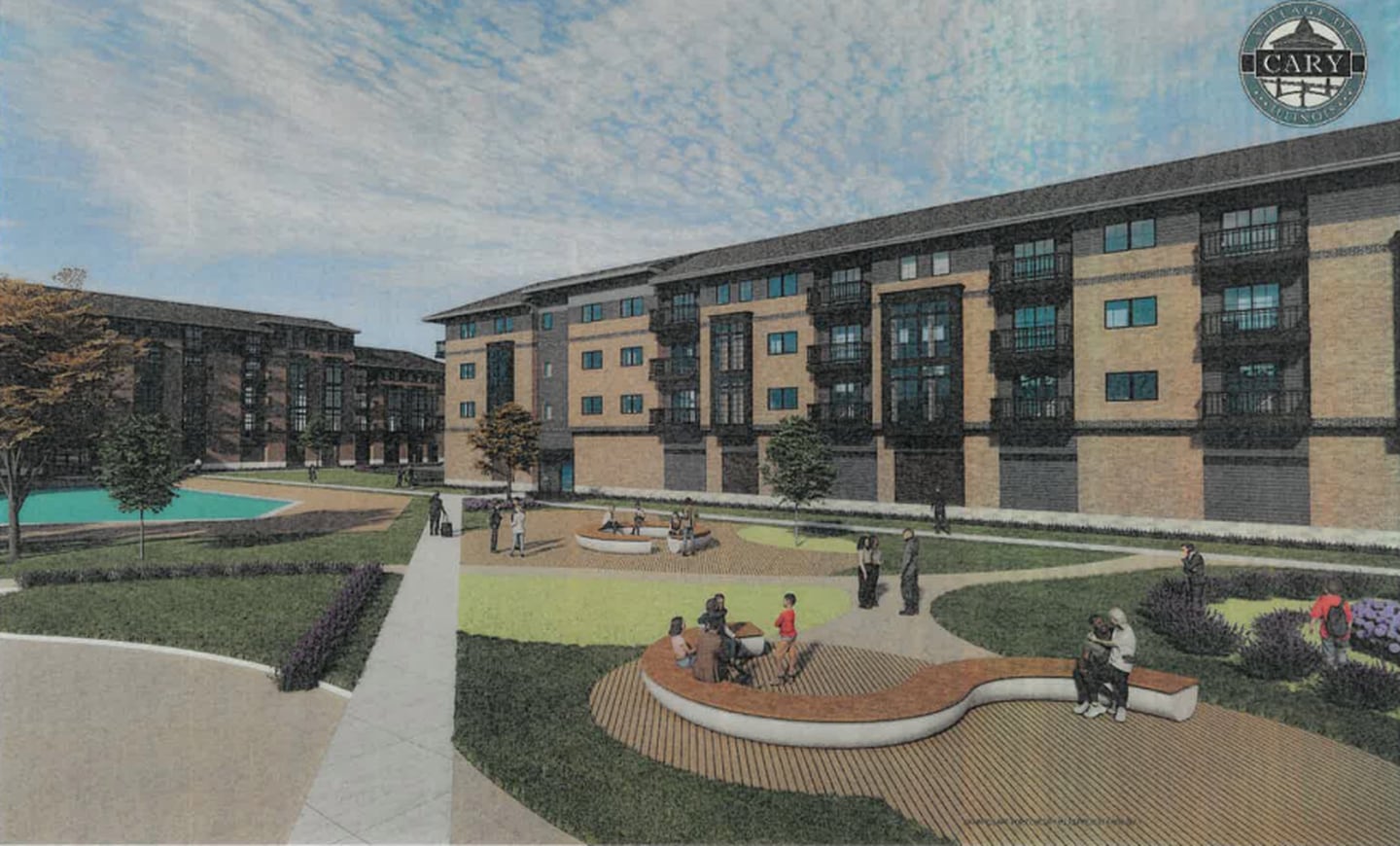 A rendering of a proposed four-story apartment building in the residential complex of over 200 total units proposed at the former Maplewood School property in Cary.