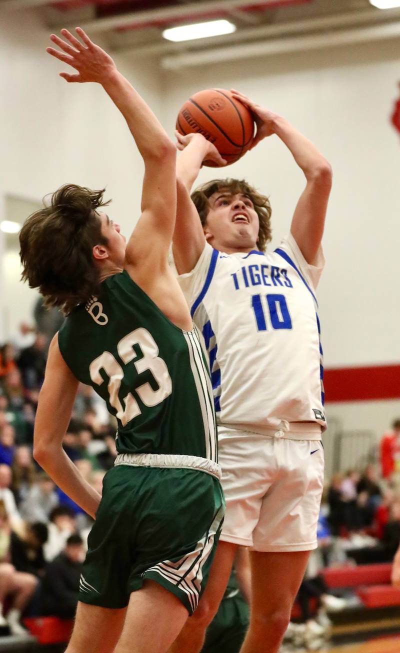 St. Bede's Evan Entrican defends against Princeton's Brady Byers Saturday night in the Colmone Classic.