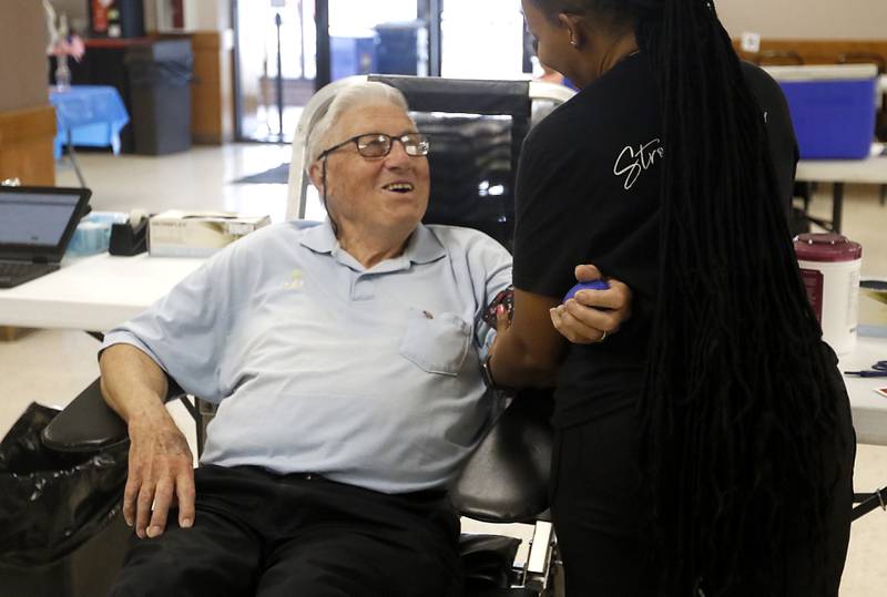 U.S. Army veteran Harold Walter, of Fox Lake, donates blood Monday, Sept. 18, 2023, during, a Versiti Blood Drive at the McHenry VFW Post 4600. Walter, who turns 90 years old this week, has donated over twenty gallons of blood.