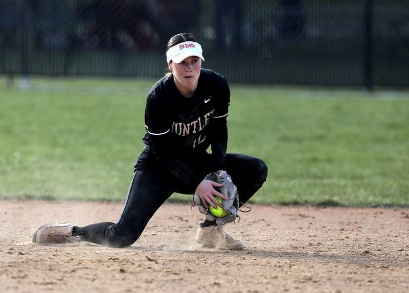 Huntley's Aubrina Adamik fields the ball during a Fox Valley Conference softball game against Crystal Lake Central on April 7, 2026, at Crystal Lake Central High School.