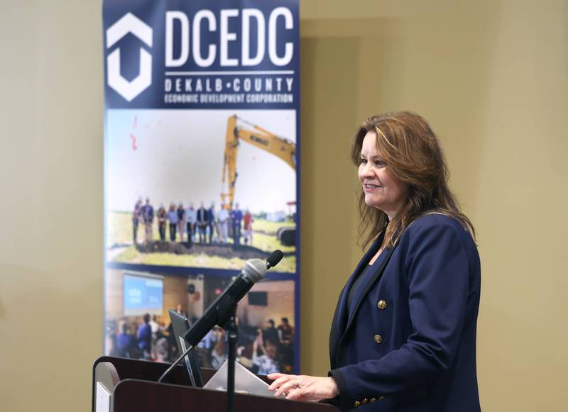 Melissa Amedeo, DeKalb County Economic Development Corporation executive director, speaks Wednesday, March 25, 2026, during the DCEDC annual economic outlook luncheon Wednesday at Faranda’s Banquets in DeKalb.