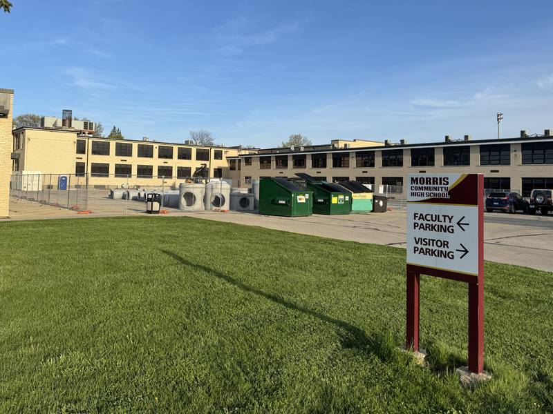 The backside of Morris Community High School, including the faculty parking lot, was mostly closed off over the summer for the construction of a new elevator.
