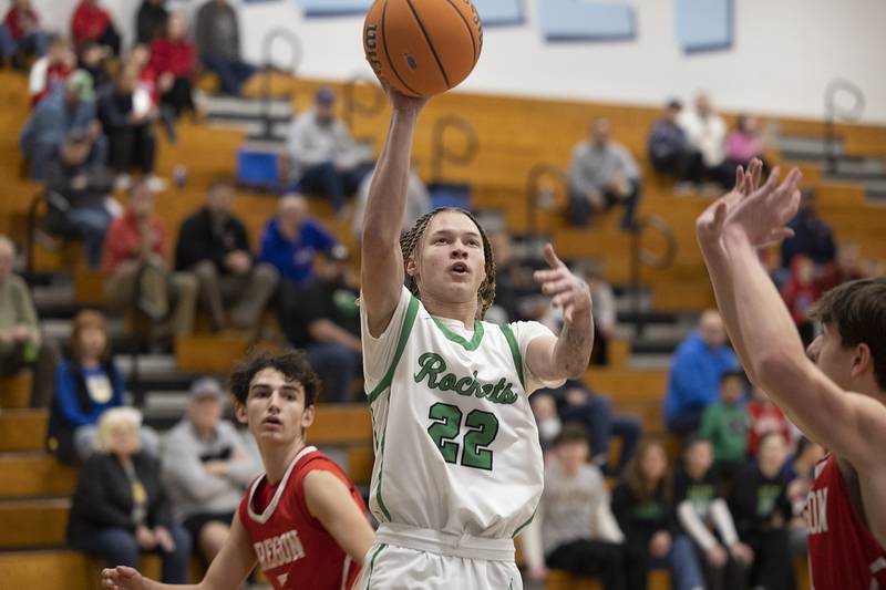 Rock Falls’ Nehemiah Menendez puts up a floater against Oregon Wednesday, Feb. 26, 2025, at the Class 2A Regional semifinal at Bureau Valley High School.