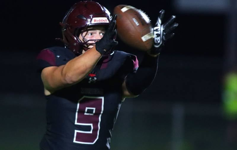 Patrick Kunzer for Shaw Local
Marengo’s Jacob Leidig prepares to punt the ball against Johnsburg in varsity football at Rod Poppe Field on the campus of Marengo High School in Marengo on Friday, Oct. 3, 2025.