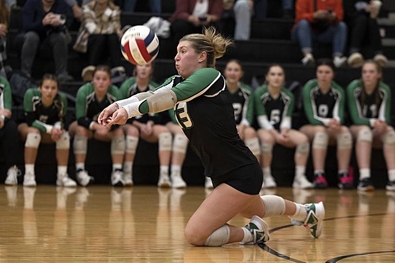 Rock Falls’ Claire Bickett goes down to play a ball against Chicago Christian Friday, Nov. 3, 2023 in the class 2A volleyball supersectional in Sandwich.
