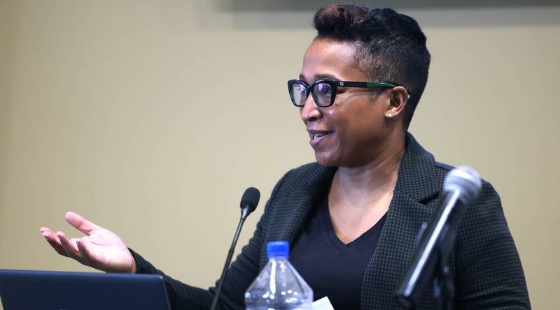 Kristen Broady, senior economist, economic advisor, and director of the Economic Mobility Project at the Federal Reserve Bank of Chicago, speaks Wednesday, March 25, 2026, during the DeKalb County Economic Development Corporation’s annual economic outlook luncheon Wednesday at Faranda’s Banquets in DeKalb.