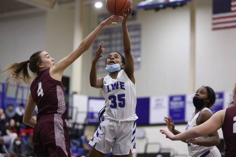 Lincoln-Way East’s Morgan Montaque takes a shot against Lockport in the Class 4A Lincoln-Way East Regional semifinal. Monday, Feb. 14, 2022, in Frankfort.