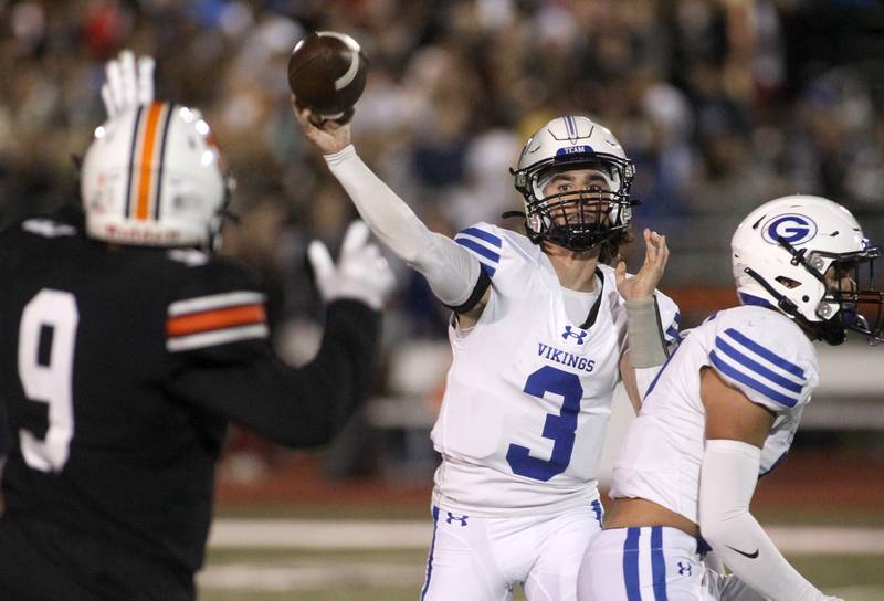 Geneva quarterback Nate Stempowski (3) throws the ball during a game at St. Charles East on Friday, Sept. 30, 2022.