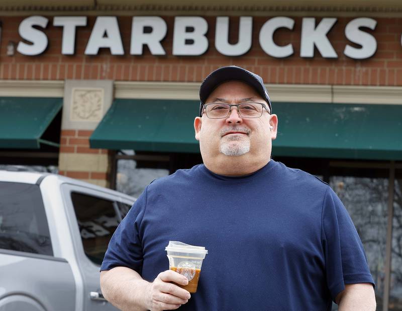 Chuck Dungelo at his favorite Starbucks Friday, April 4, 2025 in Bartlett Ill. Dungelo was one of the first and worst COVID cases in our area.