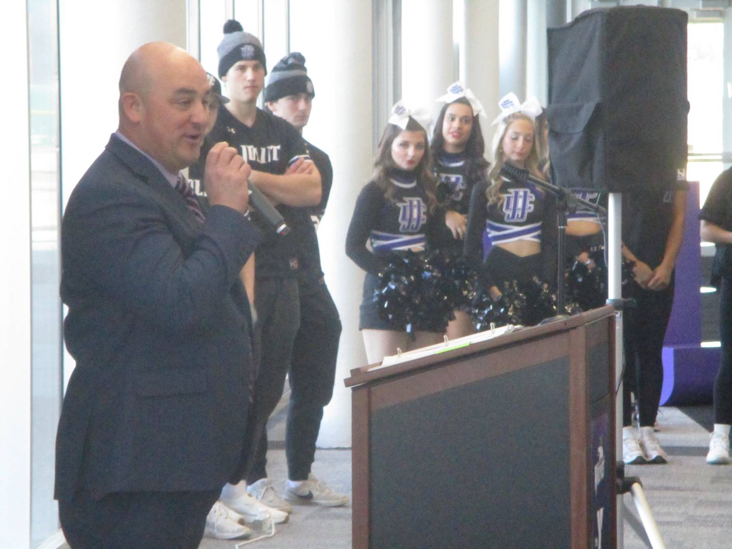 Joliet Junior College Athletic Director Gregg Braun speaks Thursday at a gathering at the college Event Center to celebrate a partnership with the Greater Joliet Area YMCA. Feb. 6, 2025