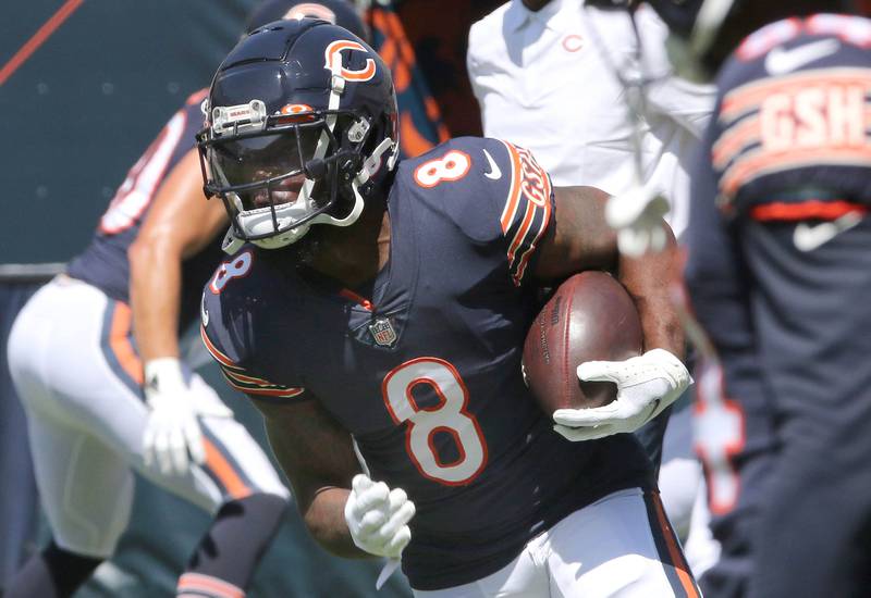 Chicago Bears running back Damien Williams carries the ball during warmups before their game against the Miami Dolphins Saturday afternoon at Soldier Field in Chicago.