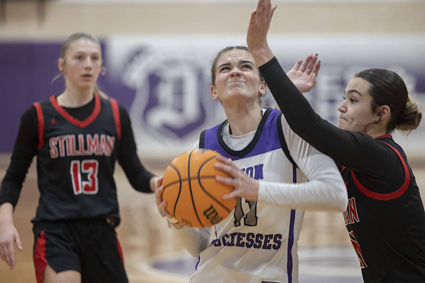 Dixon’s Kiley Gaither works below the basket against Stillman Valley Saturday, Feb. 7, 2026.