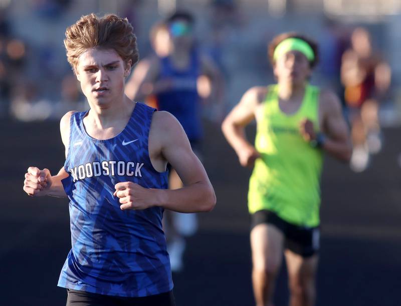 Woodstock’s Ellery Shutt wins the 1600-meter run in KRC Conference Track Meet action at Richmond-Burton High School in Richmond on Tuesday, May 13, 2025.