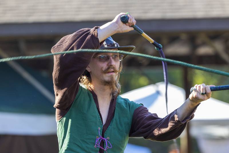 Louis Detwieler of Kenosha cracks that whip Sunday, October 5, 2025, during a demonstration at the Olde English Faire at the Stronghold.