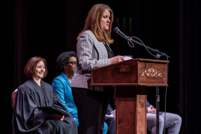 Stacey Summers, program manager, Chicago Field Office U.S. Citizenship and Immigration Services, shares closing remarks during the Naturalization Ceremony at Rialto Square Theatre in Joliet on April 17, 2025.
