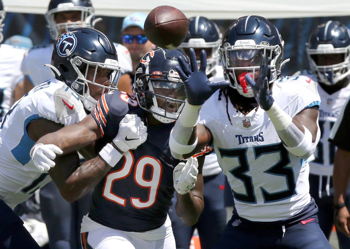 Chicago Bears cornerback Tyrique Stevenson lines up Tennessee Titans running back Jonathan Ward and tackles him for a loss during their preseason game Saturday, Aug. 12, 2023, at Soldier Field in Chicago.