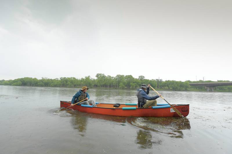 Canoeist Joe Salerno of St. Charles and Jimmy Jackson of Batavia start out from the Fabyan Forest Preserve during the annual Mid-American Canoe & Kayak Race along the Fox River on Saturday, June 1, 2024.